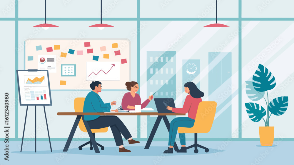 Fototapeta premium Diverse team collaborating in a modern office setting, ideal for business presentations or website landing pages.