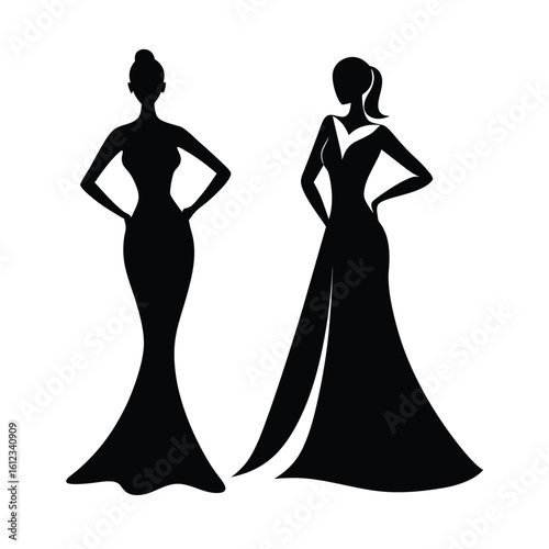 Women in formal dresses silhouette vector set