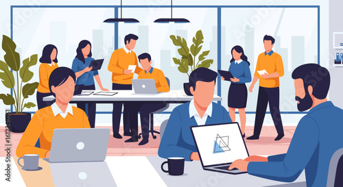 Diverse team of professionals collaborating in a modern office setting. Ideal for presentations about teamwork, innovation, and business success.