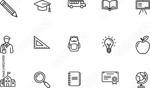 School and education black line vector icons for learning apps and academic tools