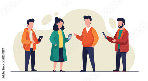 Diverse group of young adults using mobile devices, ideal for website banners or app interfaces.