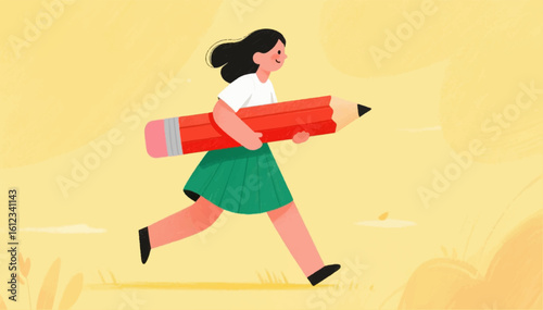 A flat illustration of a girl in a school uniform who runs holding a large pencil in her hands. Vector graphics. EPS.