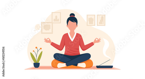 Woman meditating at home, perfect for wellness websites or mindfulness apps.