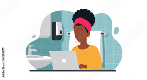 Black woman working on laptop in a modern bathroom - perfect for blog posts about remote work, wellness, or multi-tasking.