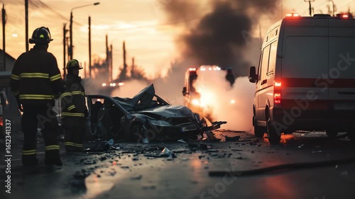 An accident scene with an ambulances on the road, a damaged car after a crash