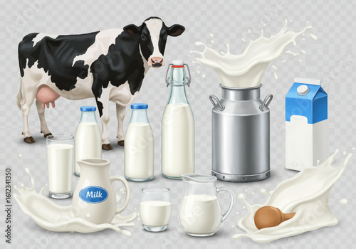 Fresh dairy goodness captured with a classic Holstein cow, pouring milk, glass, jug, metal can, and carton creating a delightful scene.
