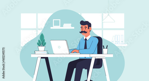 Illustration of a businessman working on his laptop in a modern office, perfect for websites and presentations.