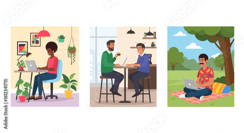 Diverse group of people working remotely: home office, cafe, and park settings. Ideal for illustrating flexible work styles and remote work concepts.