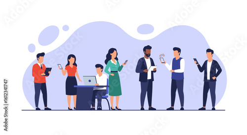 Diverse team of professionals using mobile devices and laptops, ideal for website banners or business presentations.