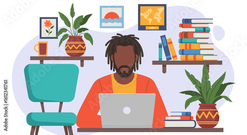 Man working from home on laptop, illustration perfect for remote work blogs and articles.