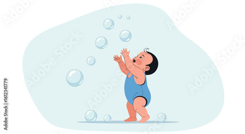 Delightful baby reaching for floating bubbles in a whimsical illustration scene
