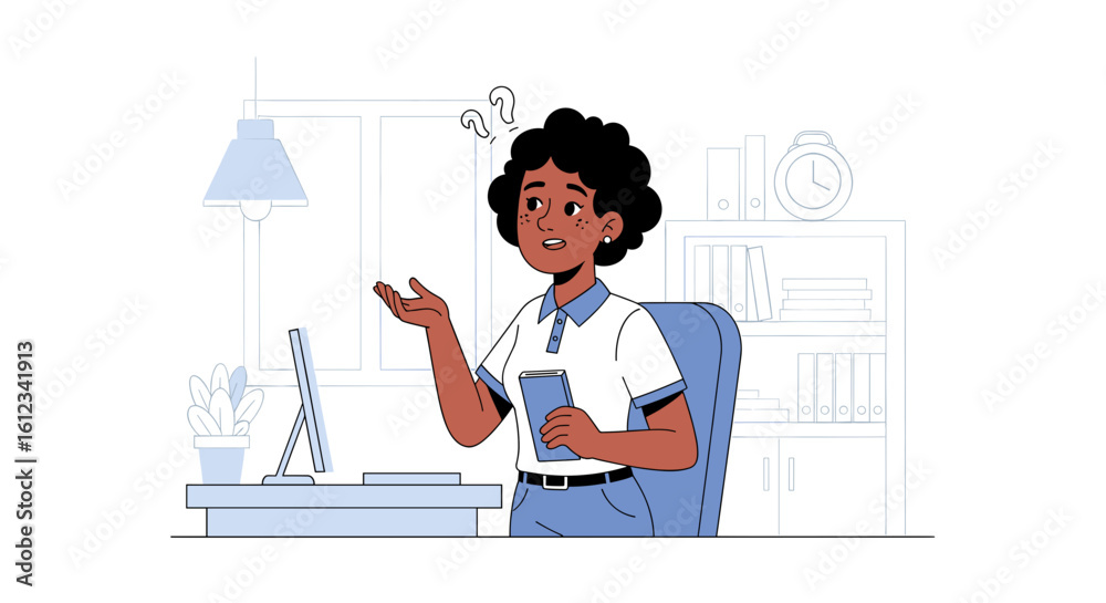 Young woman in office with questions, perfect for websites, presentations, or blog posts about problem-solving or brainstorming. Young woman in office with questions, perfect for websites, presentations, or blog posts about problem-solving or brainstorming.