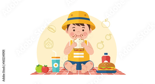 Delightful illustration of a young boy enjoying a picnic with various food items in vibrant colors