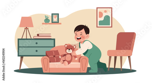 Delightful illustration of a cheerful toddler playing with a teddy bear on a small sofa in a cozy room