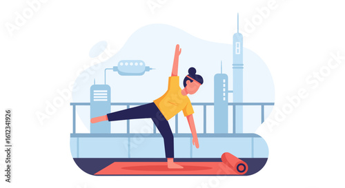 Woman doing yoga on a balcony with a city view - perfect for health and wellness websites or brochures.