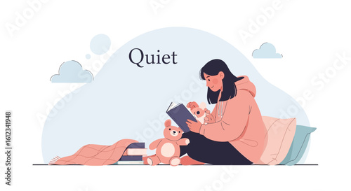 Cozy Reading Time Girl Illustration, Peaceful Moment With Teddy Bear, Books