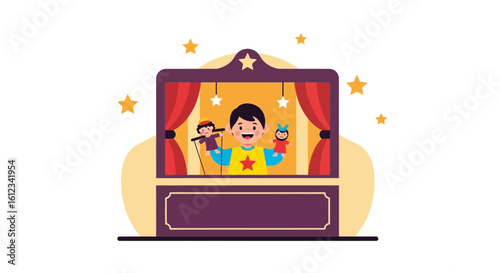 Delightful puppet show illustration featuring a happy child performer and audience