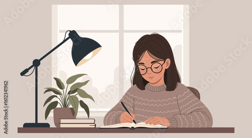Cozy Study Session A Young Woman Enjoys Reading At Her Desk Near Window