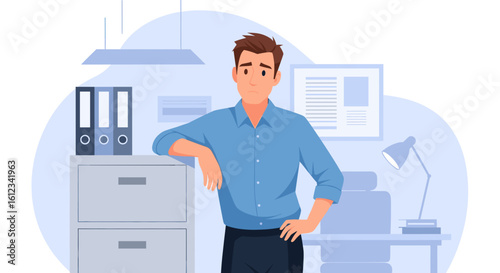 Illustration of a pensive businessman in his office, perfect for websites, presentations, or brochures related to business challenges or decision-making.