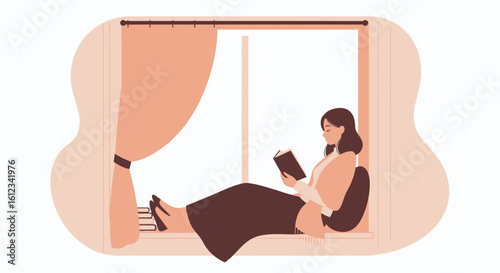 Cozy Reading Nook Woman Enjoying a Novel by the Window Seat