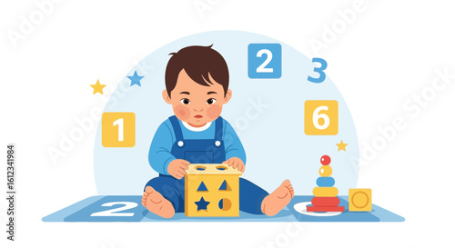 Delightful Little Boy Plays With Shape Sorting Toy And Colorful Stacking Tower