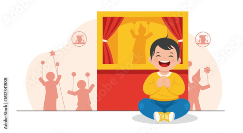 Delightful vector illustration of a happy child enjoying a puppet show performance