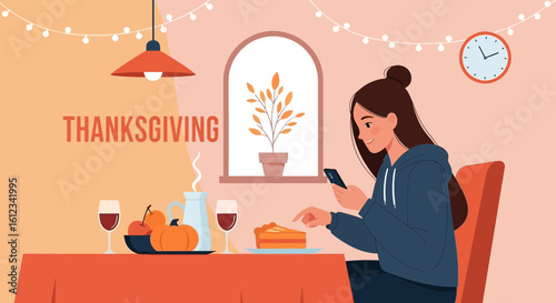 Cozy Thanksgiving Celebration With Woman Using Phone At Festive Table