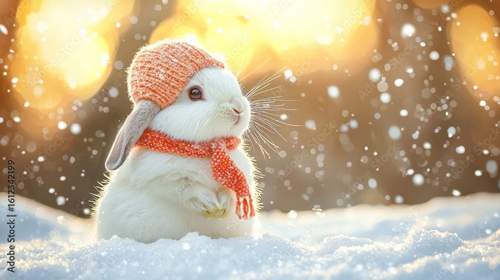 Obraz premium Fluffy white rabbit wearing orange hat and scarf in snowy winter wonderland with sunlit background. concept of cozy winter scene, adorable animal, seasonal warmth, copy space