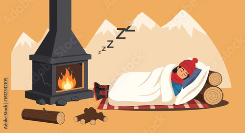 Cozy Winter Nap By The Fireplace In A Mountain Cabin Holiday