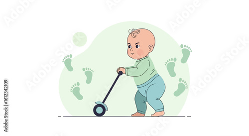 Determined Infant Navigating World With Stroller Leaving Trail Of Tiny Footprints