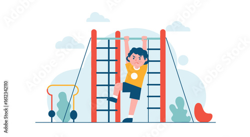 Determined Young Boy Challenging Himself On The Monkey Bars Playground