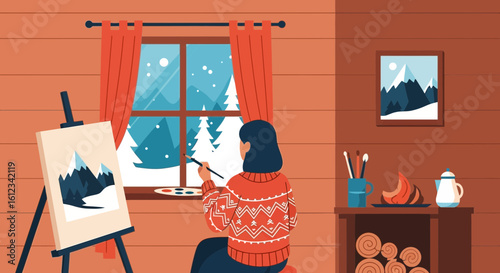 Cozy Winter Painting Scene Woman Illustrating Snowy Mountain Landscape Indoor