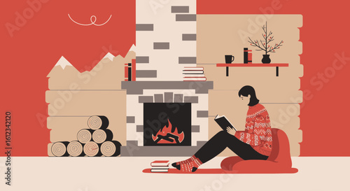 Cozy Winter Reading Scene Woman Reading By The Fireplace At Home