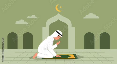 Devout Muslim Praying Towards Mecca in Traditional Mosque Illustration