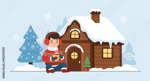 Cozy Winter Scene Of A Boy Drinking Hot Chocolate In The Snow