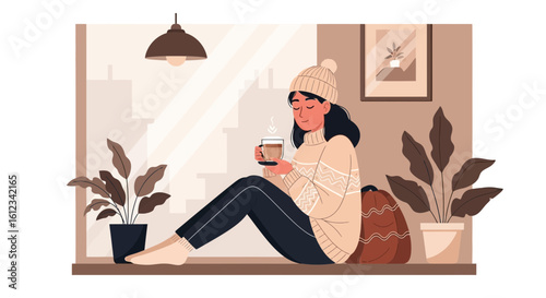 Cozy Winter Scene Of A Woman Enjoying Hot Drink Indoors Relaxing At Home