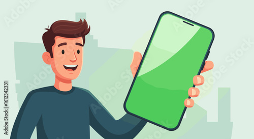 Happy man holding a large smartphone with a green screen, perfect for app presentations or website mockups.