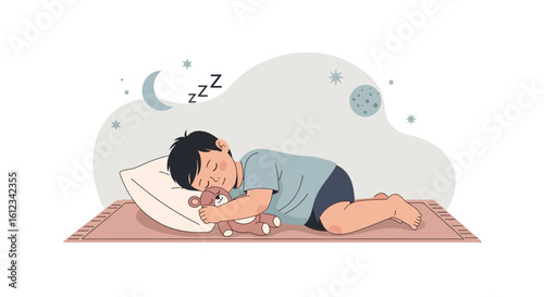 Dreaming Child Asleep With Teddy Bear Under Moon And Stars Illustration