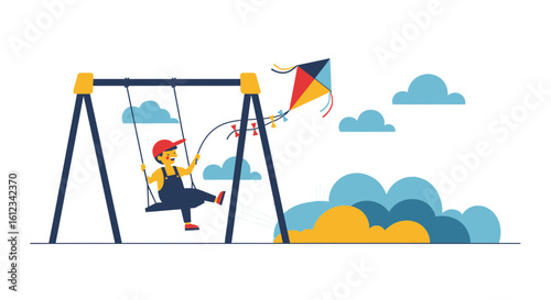 Cheerful Child On Swing Set Enjoying Flying A Colorful Kite In The Park