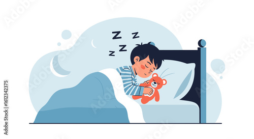 Dreaming Boy In His Bed, Embracing His Teddy Bear In A Peaceful Night