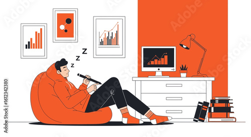 Dreaming Freelancer Takes a Break With Digital Pen And Data Charts At Home