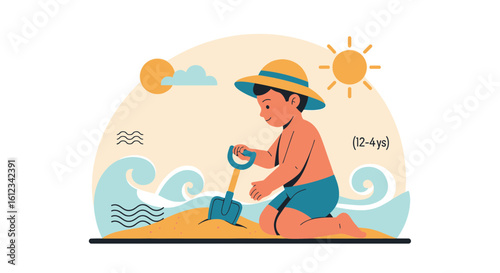 Cheerful child playing on the beach with a shovel, enjoying the sun and waves with joy
