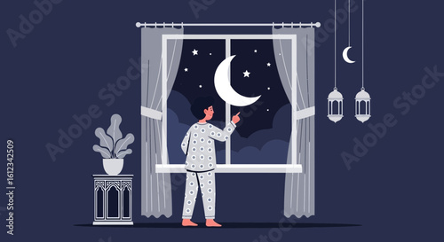 Dreamy Night Scene Man in Pajamas Gazing at Crescent Moon Through Window