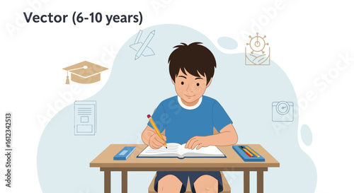 Creative Boy Doing Homework At His Desk In His Room Or At School