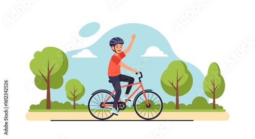 Cheerful cyclist enjoying a ride in the park with a friendly wave and helmet protection advocating outdoor activity
