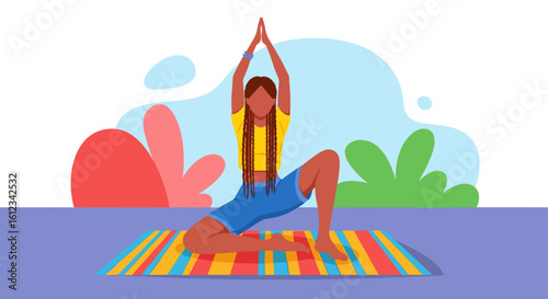 Woman practicing yoga outdoors, perfect for wellness websites or brochures.