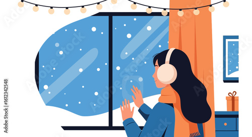 Dreamy Winter Season: A Woman Looks at Snowfall Outside the Window
