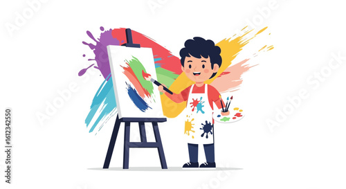 Creative Boy Painting On Canvas With Colorful Paint Splashes Background
