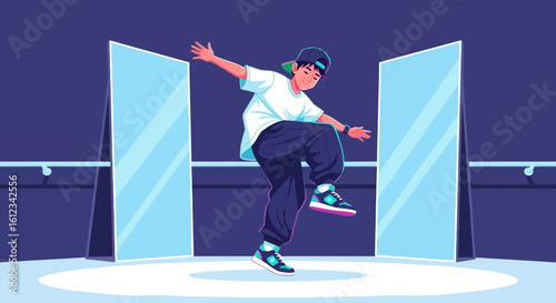 Dynamic Breakdancer Freezes A Move In A Dance Studio With Bright Lighting