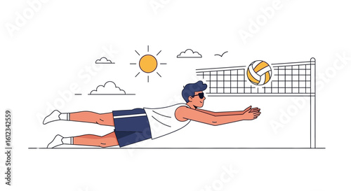 Dynamic Beach Volleyball Dive Illustration With Sun And Clouds Background